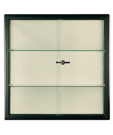 Showcase cabinet - Black anodised aluminium and glass frame. Glass shelves Size 350 x 100 x h 1000 mm