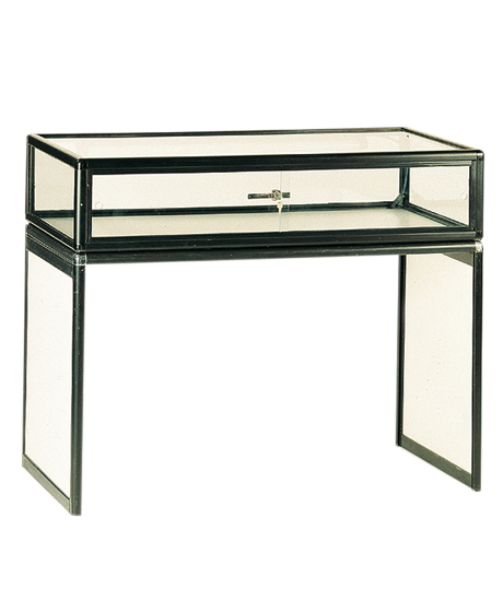 Showcase table - Black anodised aluminium and glass frame and sliding doors. White laminate panels Size 1230x630x h 995 mm