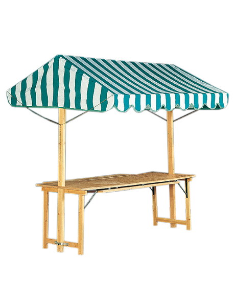 Stand - Wooden frame, tops and pillars. Green and white striped cloth cover Size 800x2400x h 2400 mm.