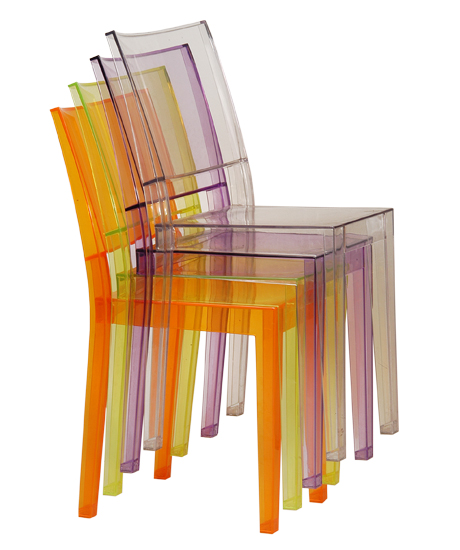 “Le Marie” chair – In clear plastic, colours: orange, red, violet, yellow, white. Size 500x450x h 850 mm