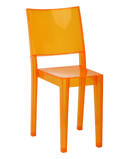 “Le Marie” chair – In clear plastic, colours: orange, red, violet, yellow, white. Size 500x450x h 850 mm