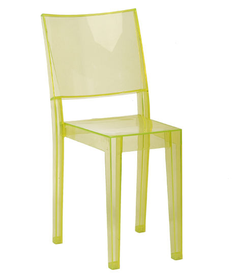 “Le Marie” chair – In clear plastic, colours: orange, red, violet, yellow, white. Size 500x450x h 850 mm