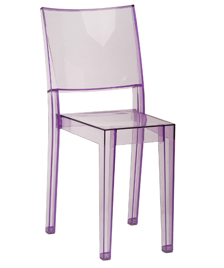 “Le Marie” chair – In clear plastic, colours: orange, red, violet, yellow, white. Size 500x450x h 850 mm