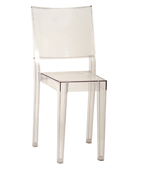 “Le Marie” chair – In clear plastic, colours: orange, red, violet, yellow, white. Size 500x450x h 850 mm