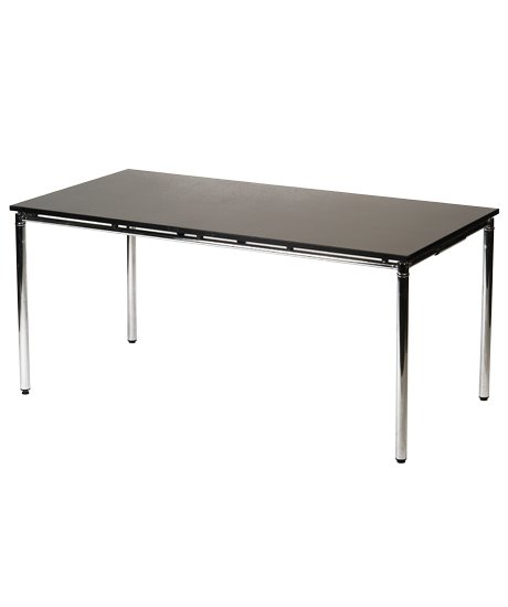 Meeting table – Black scratch resistant laminate, with tubular chromed steel legs and frame. Size 1600 x 800 x h 720
